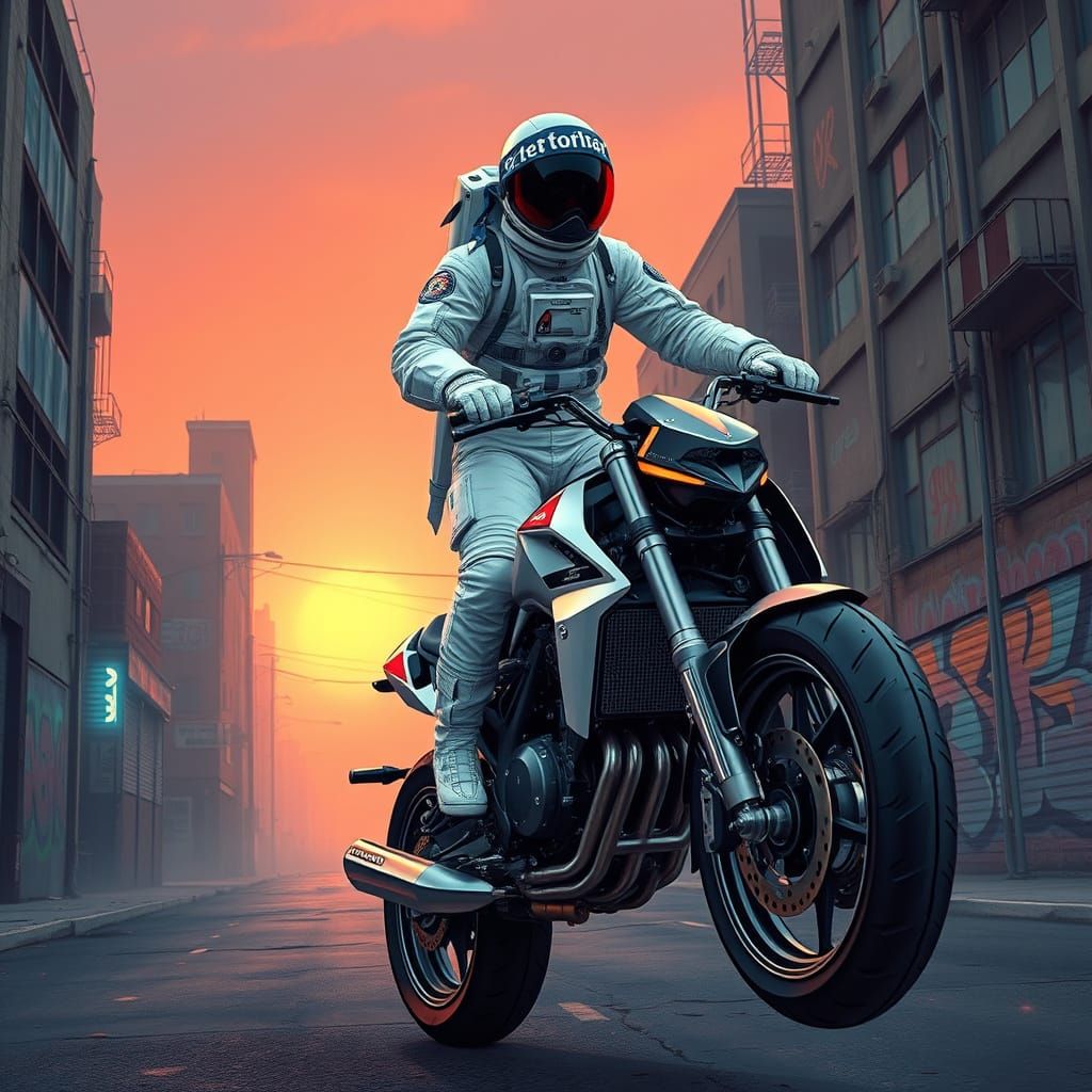 Retro-Futuristic Astronaut on Motorcycle