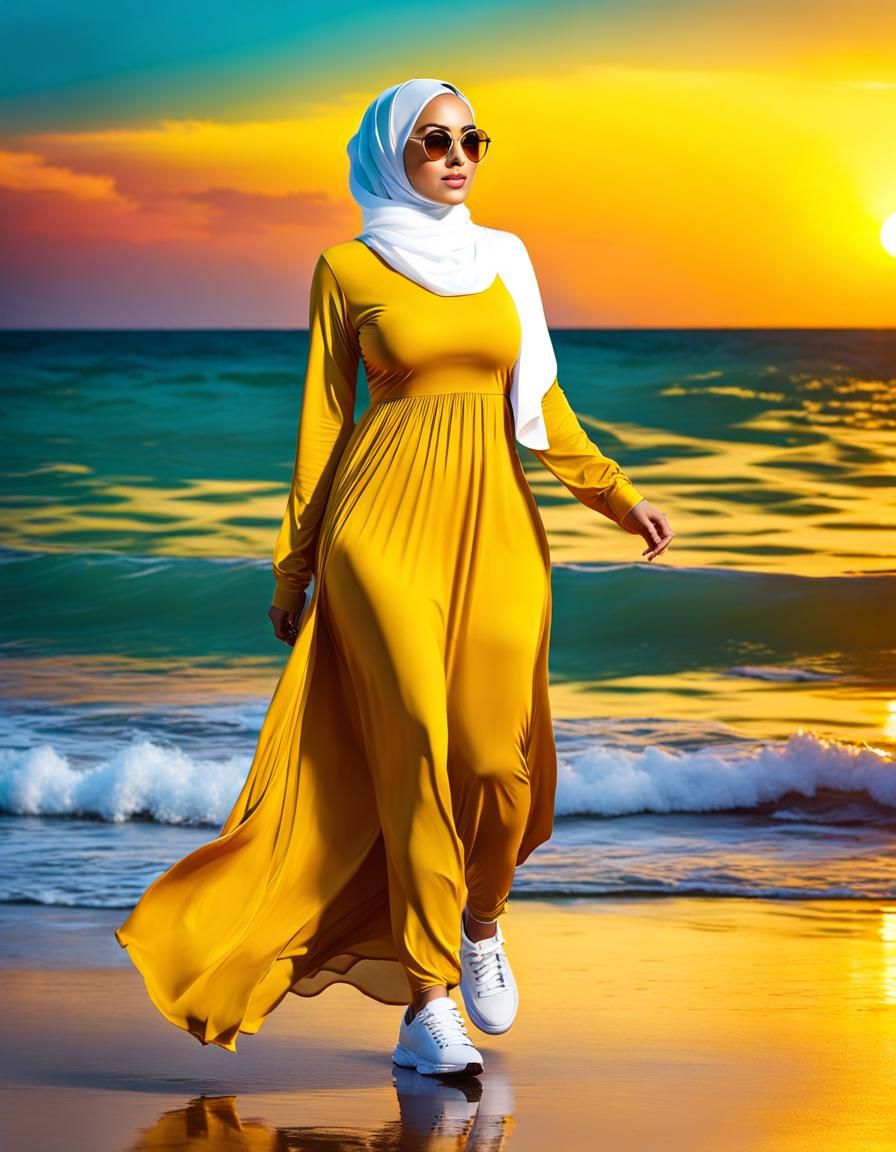 Hijabi Woman Walking on Shore in Pop Art Style