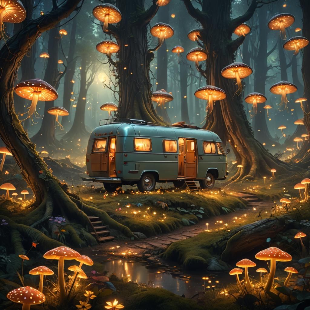 Mystical Forest Caravan of Fireflies: Digital Matte Painting