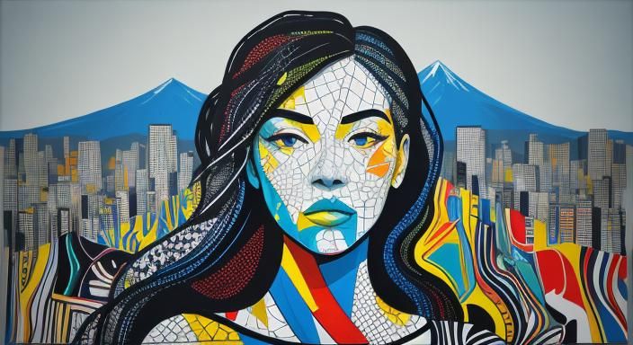 Dynamic Pop Art Mosaic of Woman in Landscape
