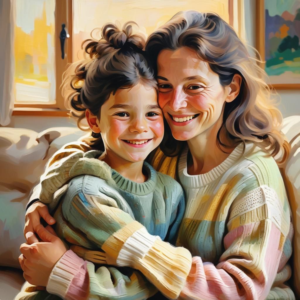 Heartwarming Expressionist Painting of a Mother and Child