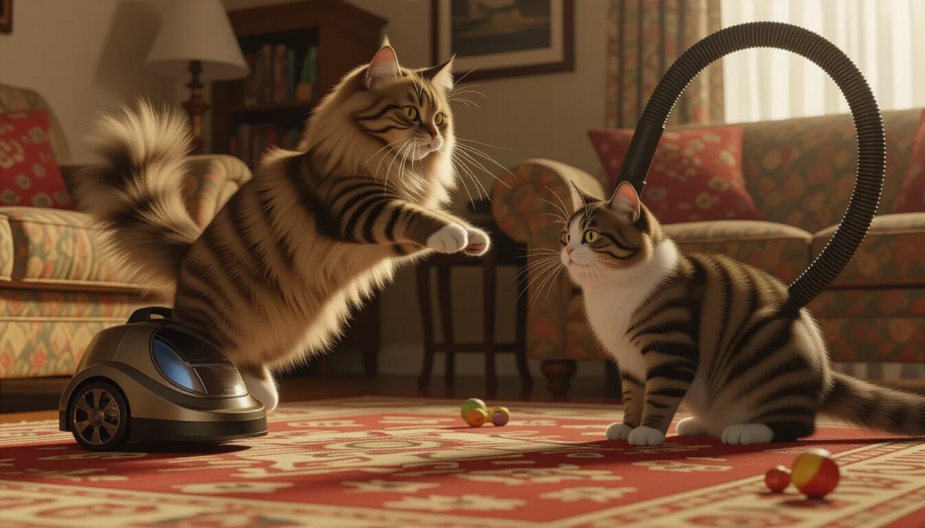Cats Battle Vacuum Cleaner in Photorealistic 3D Art