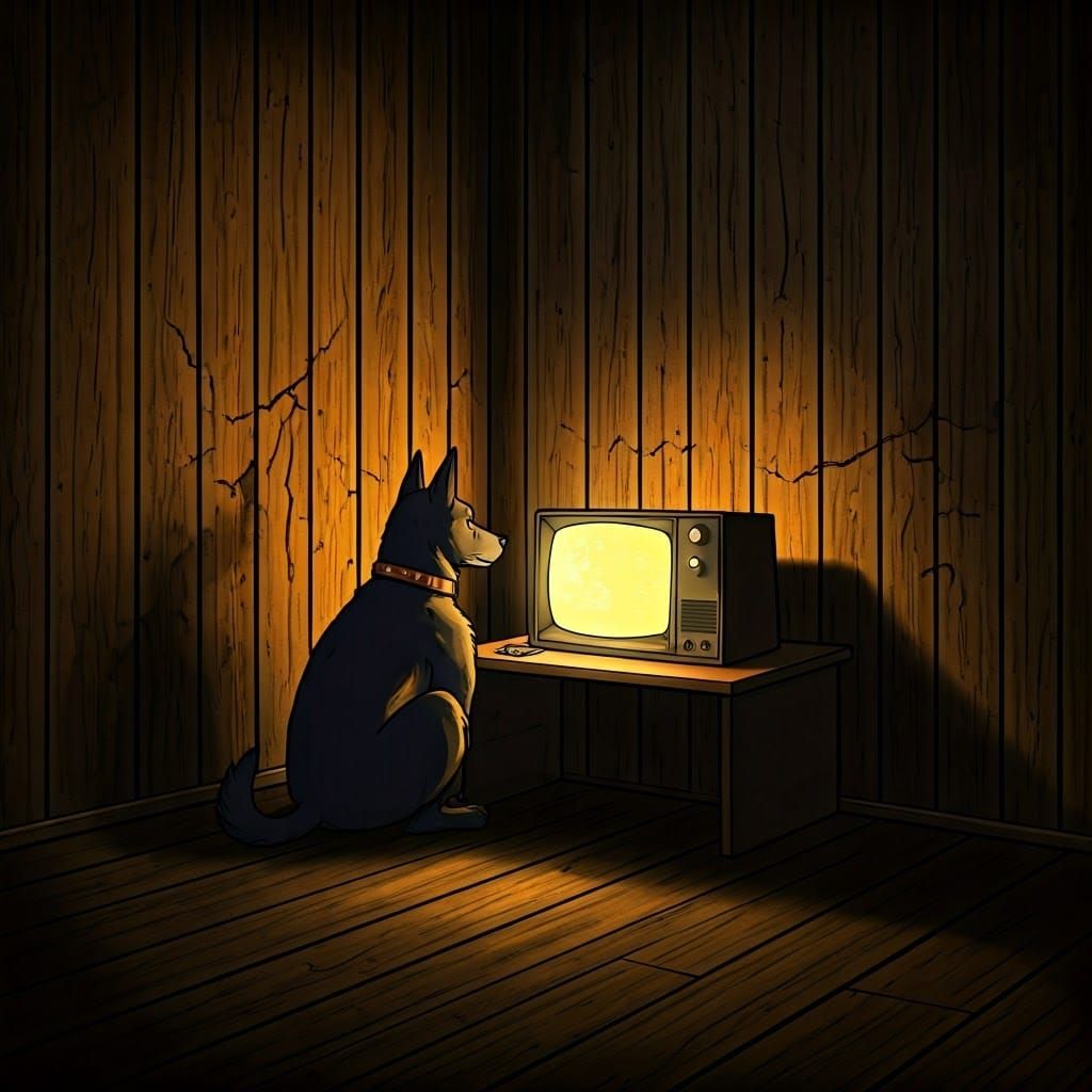 Dogs in Dim Room with Computer Illustration