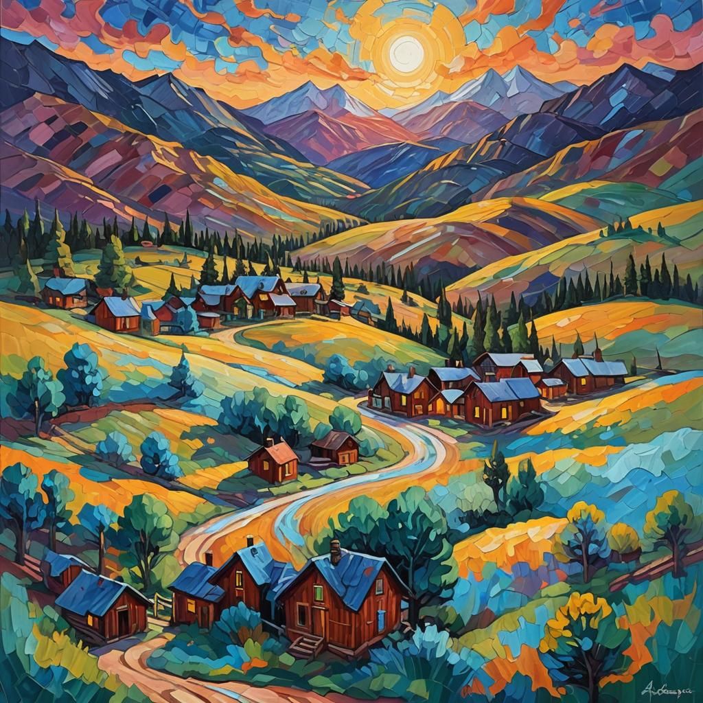 Colorful Ghost Town Sunset: Neo-Impressionist Oil Painting