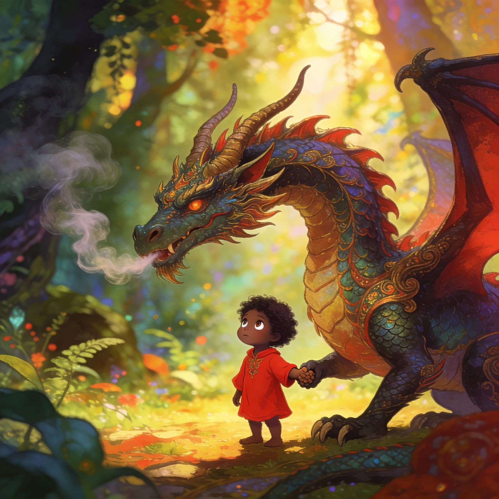 Child and Dragon in Enchanted Forest