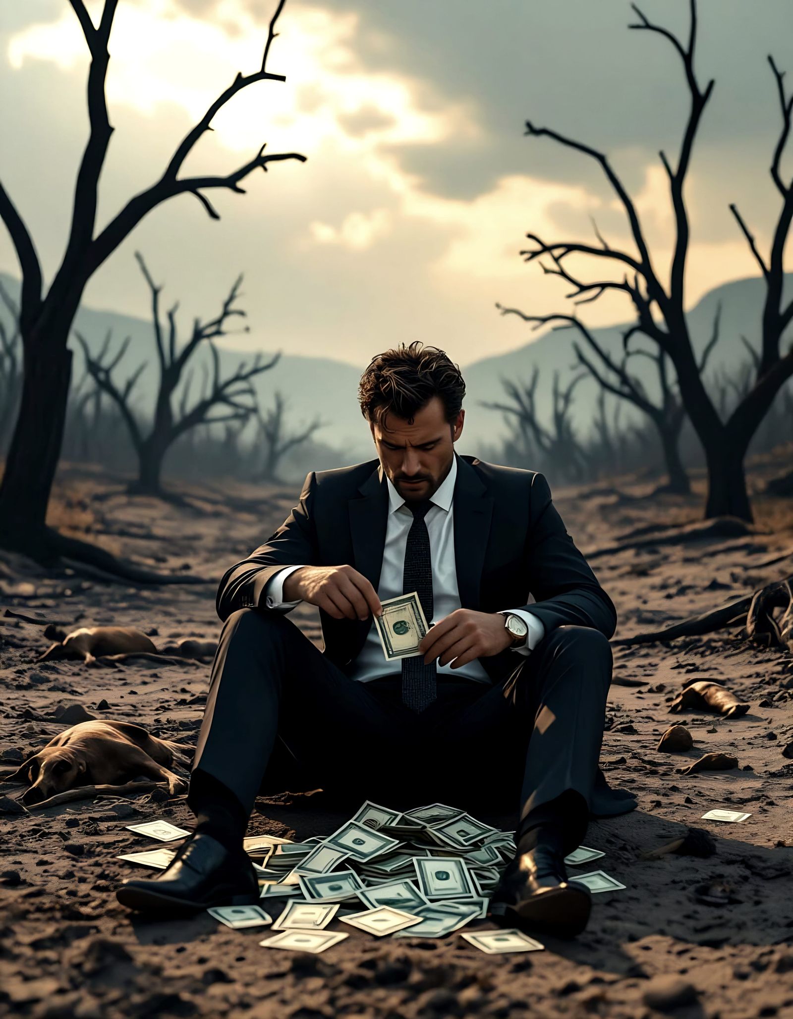 Sad Businessman in Dead Nature Eating Banknotes
