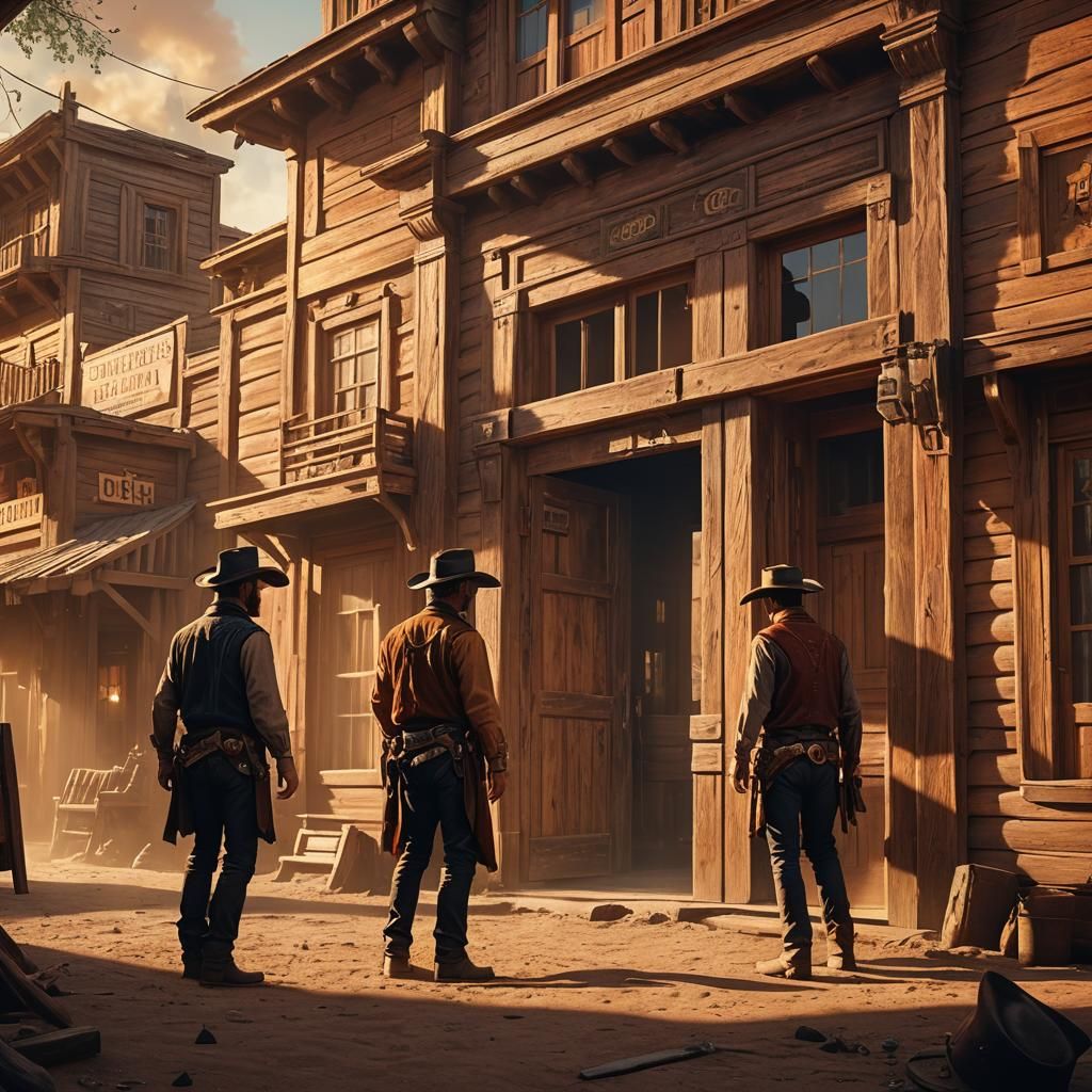 Cowboy Face-Off in Old Western Town at Sunset