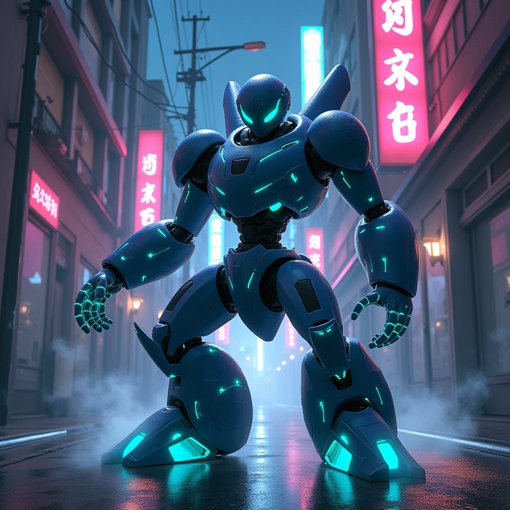 Robotic Marshadow Pokémon in Neon City Alley