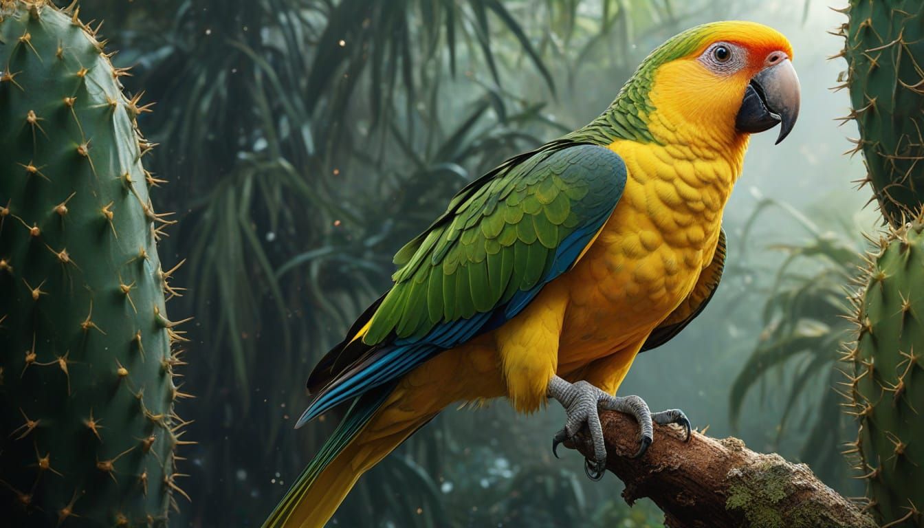 Yellow-Billed Amazon Parrot on Pitahaya Cactus