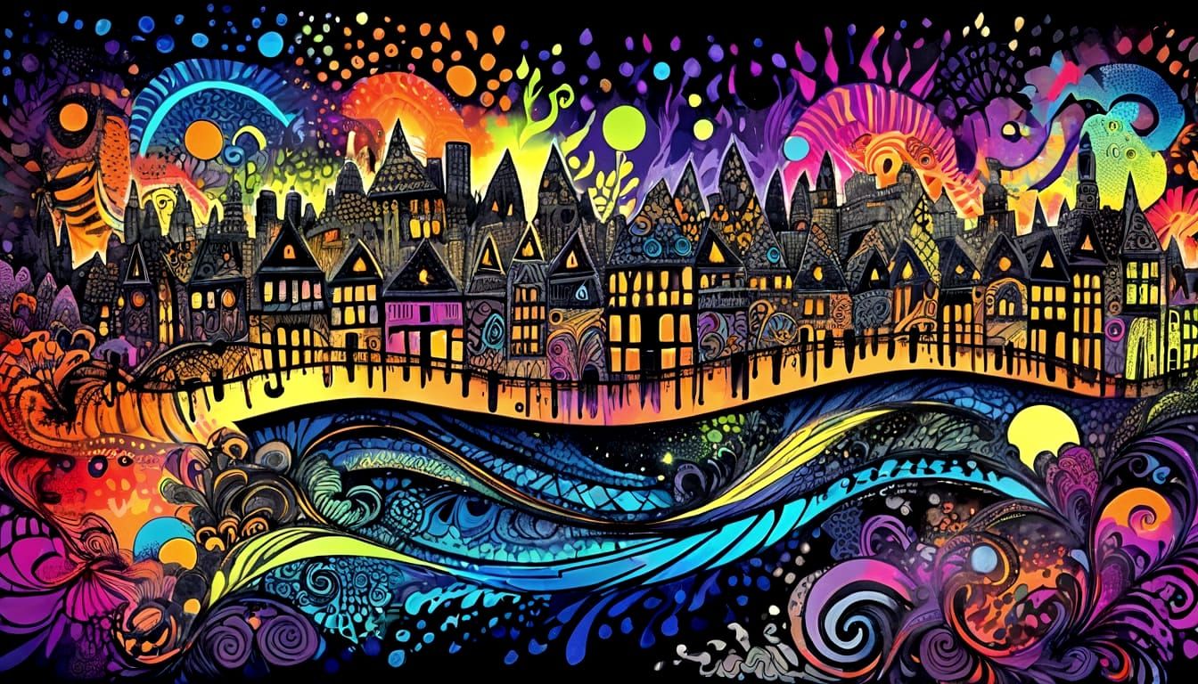 Psychedelic UV Blacklight Cityscape Zentangle Art