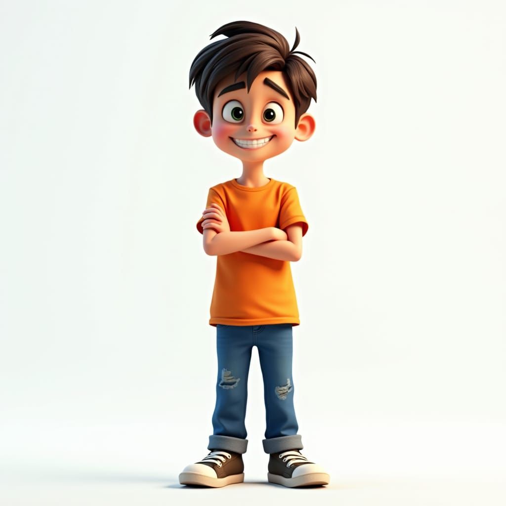 Mischievous Cartoon Boy in Vibrant Orange, Bold Lines and Ex...