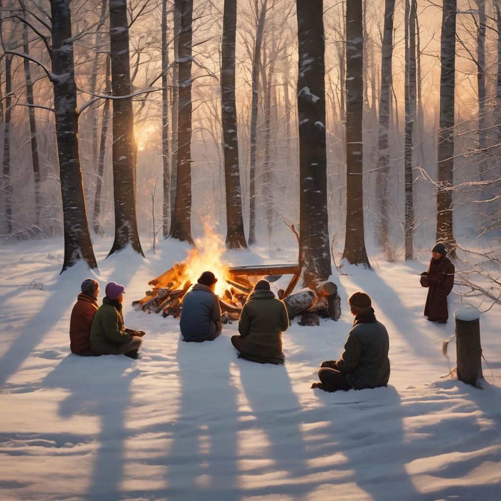 Friends by Winter Lake in Impressionistic Folk Art