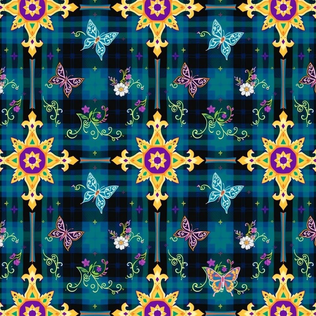 Dignified Clergy Tartan Fabric with Celtic Crosses and Royal...