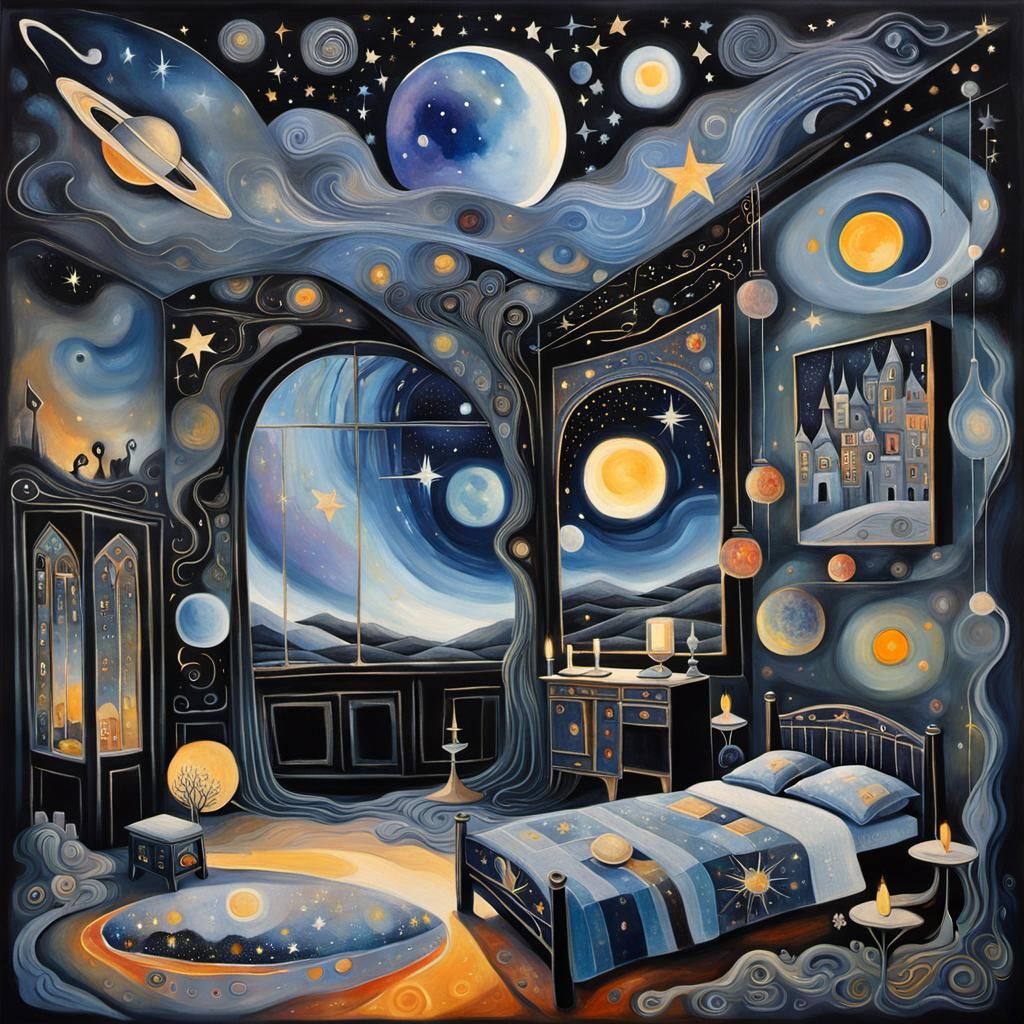 Galactic Dark Academia Bedroom in Oil