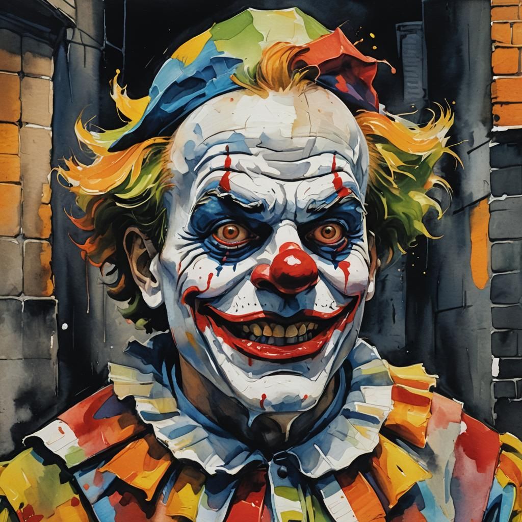 Creepy Halloween Clown Gouache Portrait in Impressionist Sty...