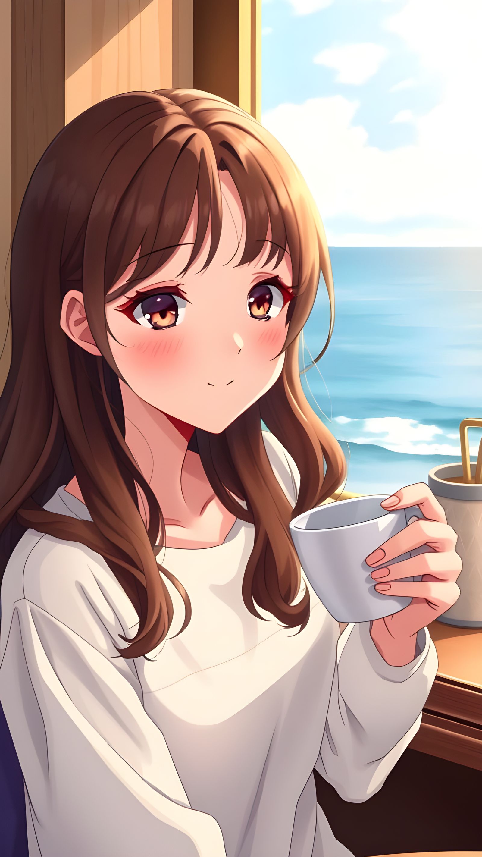 Anime Girl Portrait in Cozy Cafe with Coffee