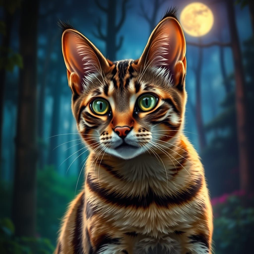 Abyssinian Cat In Moonlit Forest, Hyperrealistic Portrait