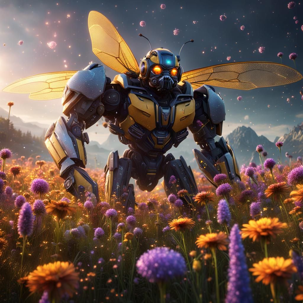 Bumblebee on Flower Meadow with Silver Sparkles