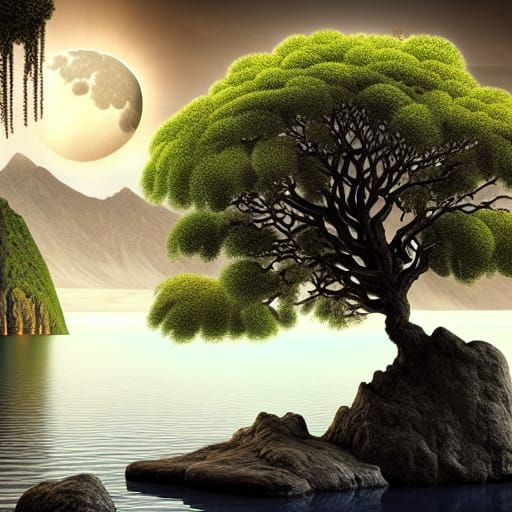 Pearl Tree in Lake at Dawn: Digital Matte Painting
