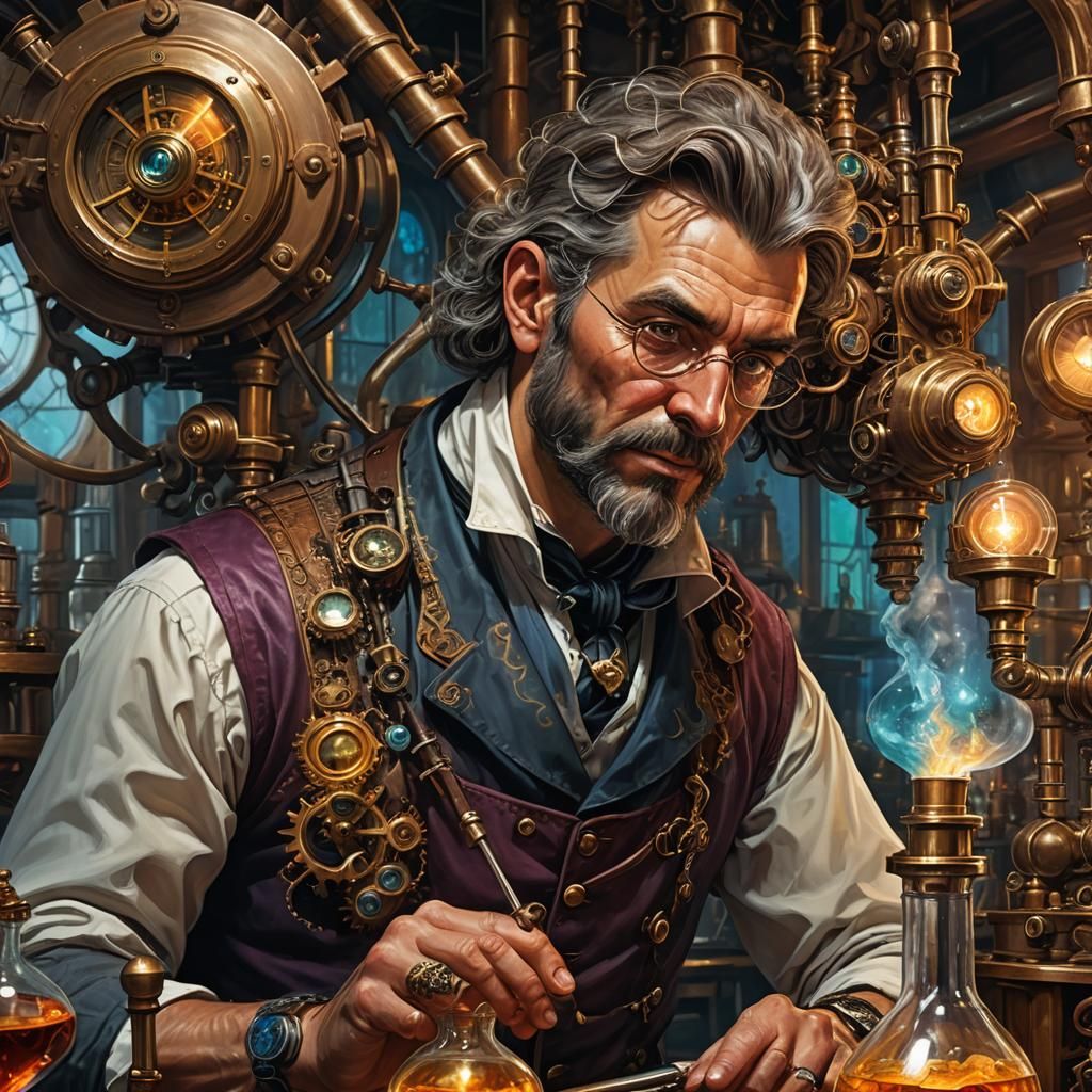 Alchemist in Steampunk Lab: A Digital Masterpiece