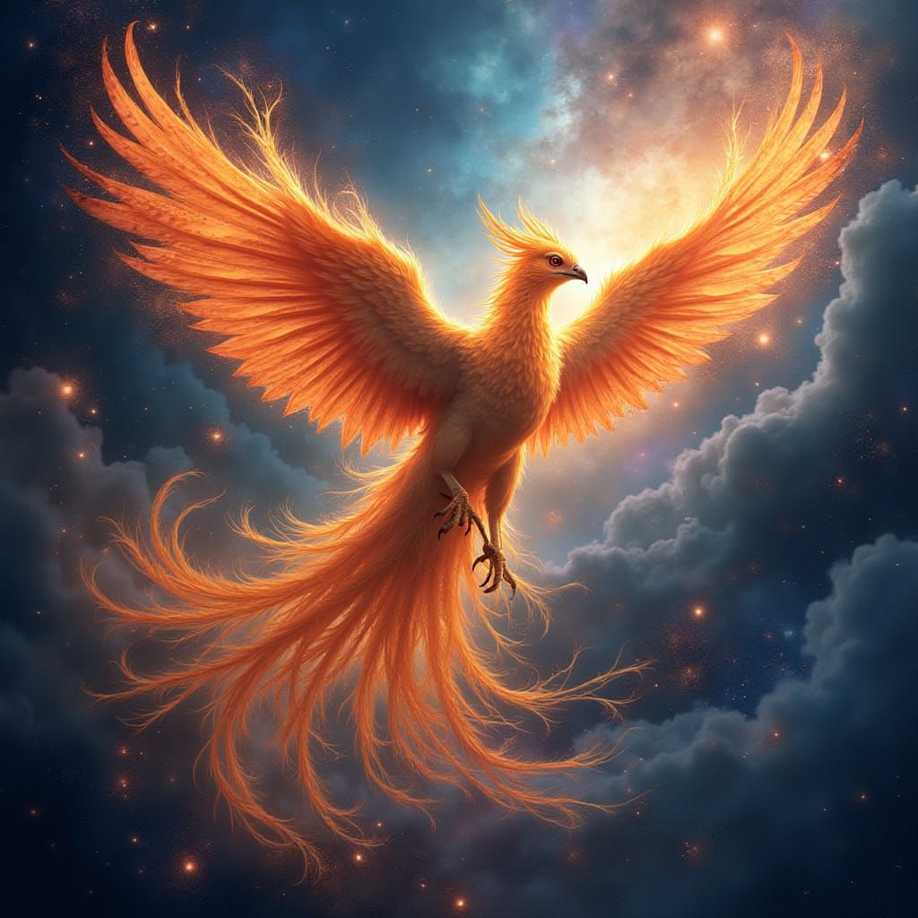Cosmic Phoenix in Vibrant Colors Rises from Swirling Nebula