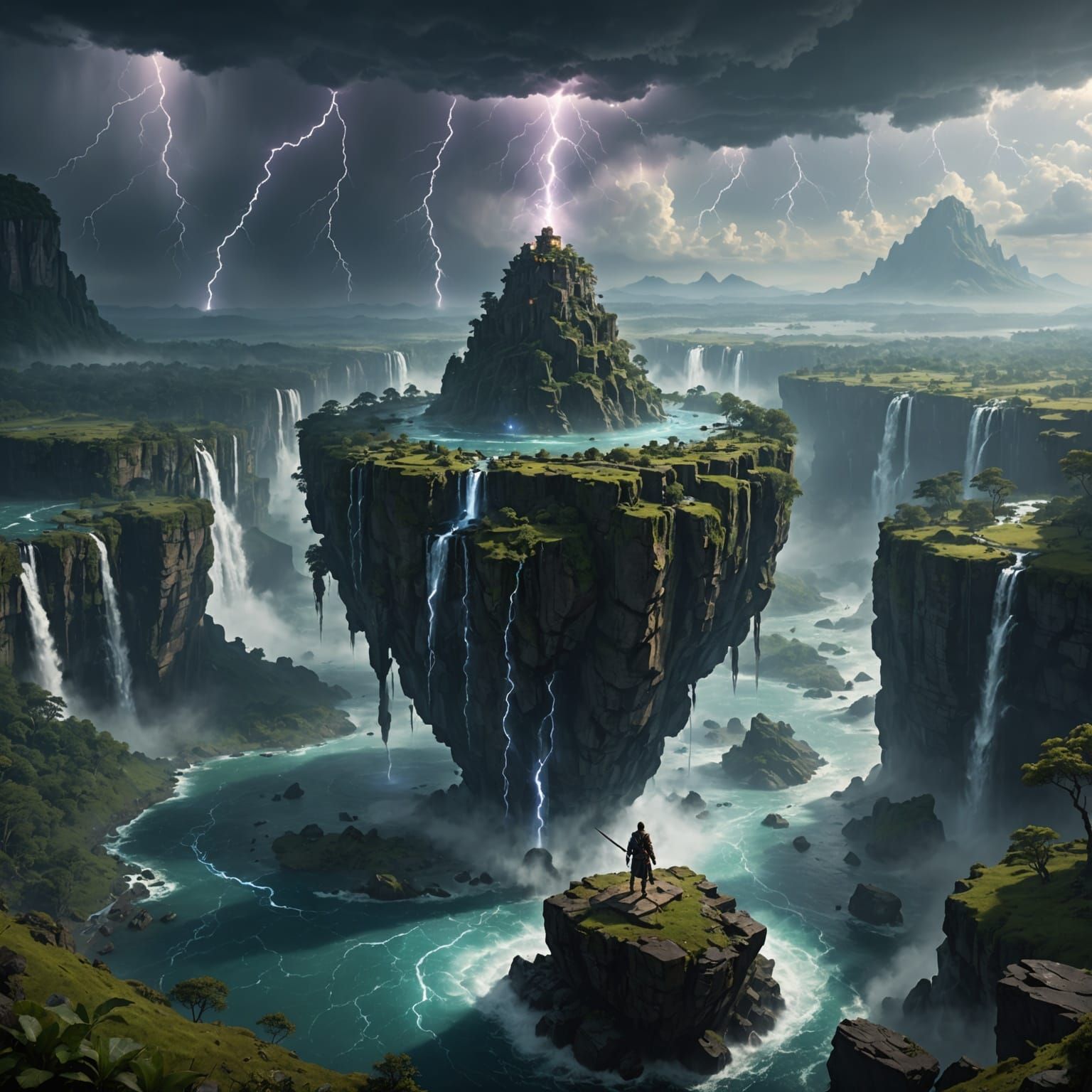 Mysterious Floating Island with Traveler and Waterfalls