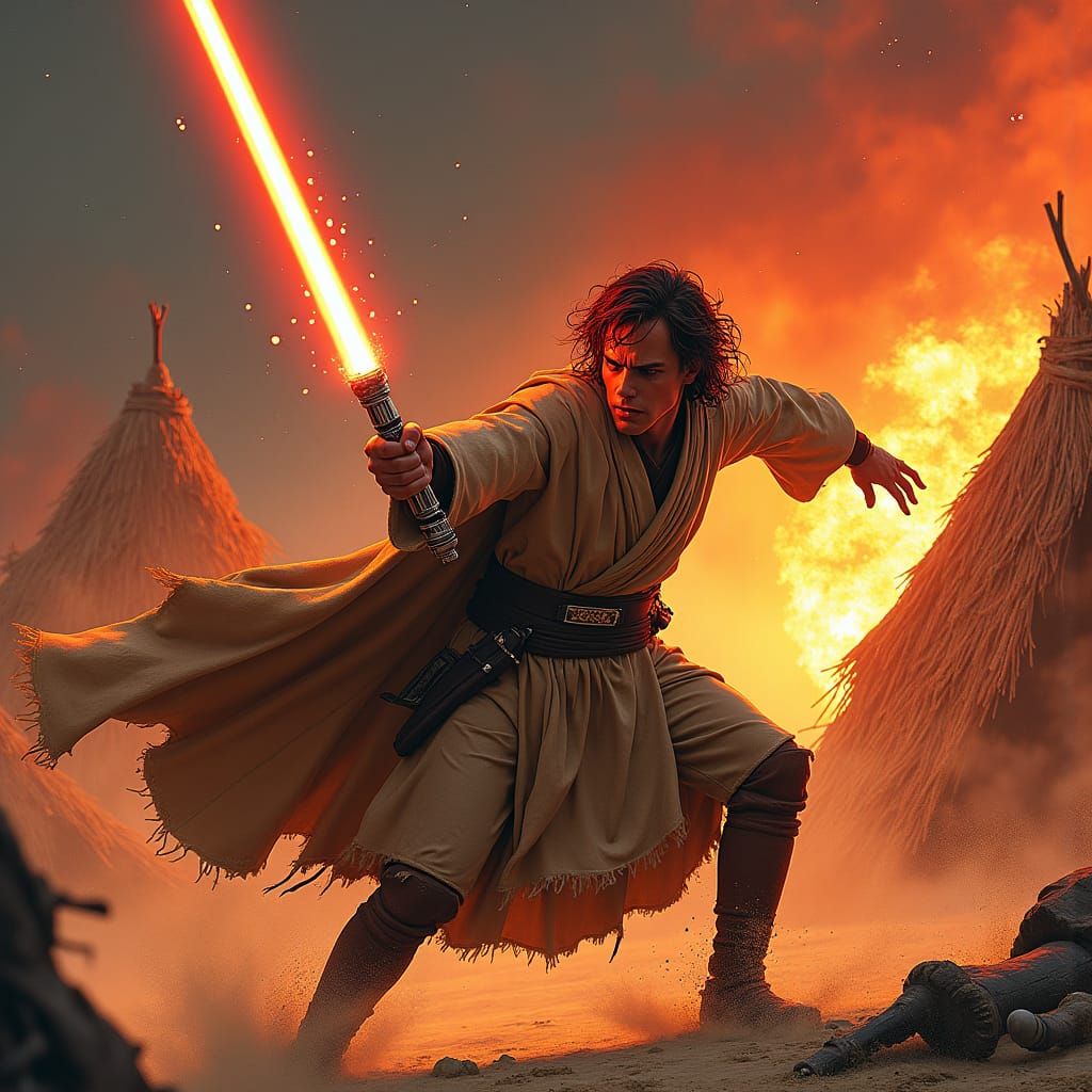 Anakin Skywalker Battles Tusken Raiders in Comic Style