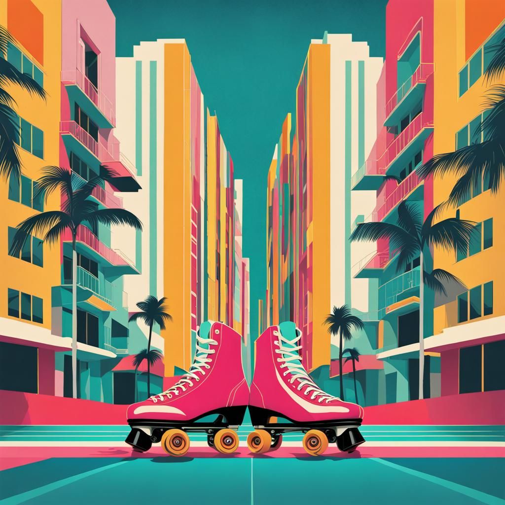 Miami Roller Skating Scene in Pop Art Style