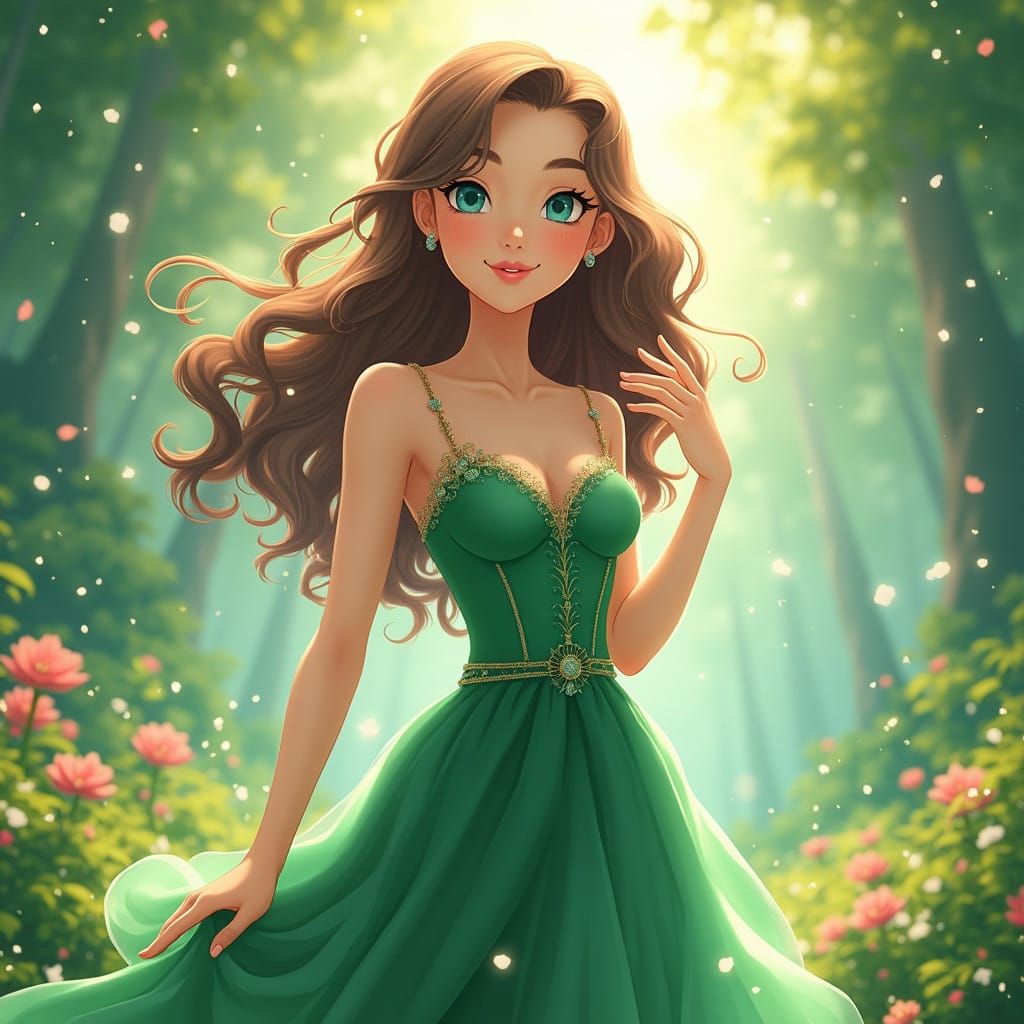 Stunning Anime-Style Young Woman in Emerald Green Dress