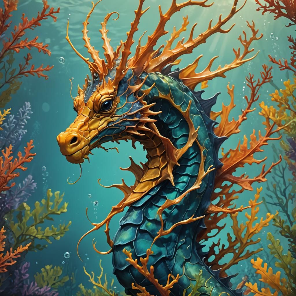 Hyperrealistic Leafy Sea Dragon Portrait in Splash Art Style