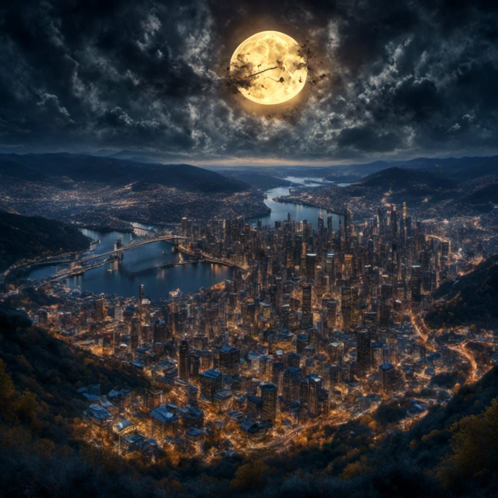 Pittsburgh Cityscape Under Moonlight, Vibrant Night Scene