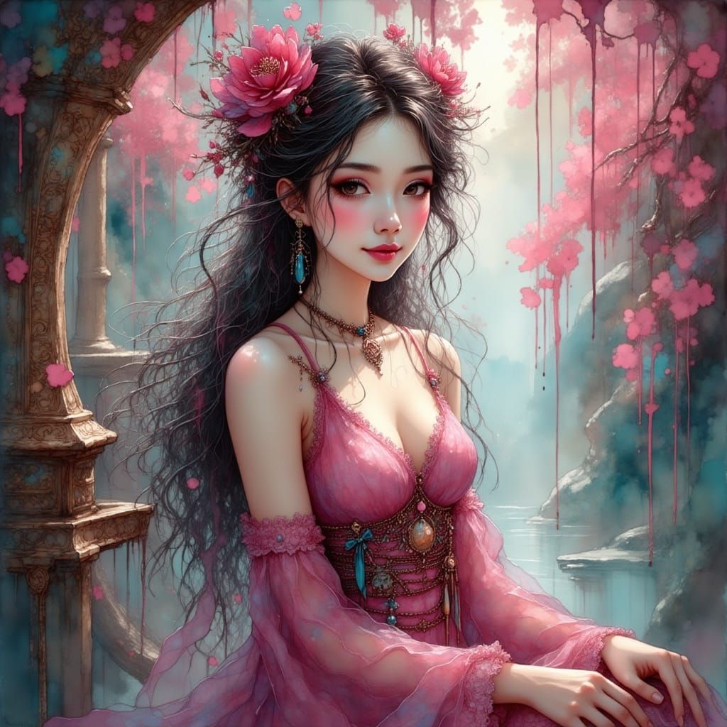 Teenage Girl in Chinese Dress for Purikura Photoshoot