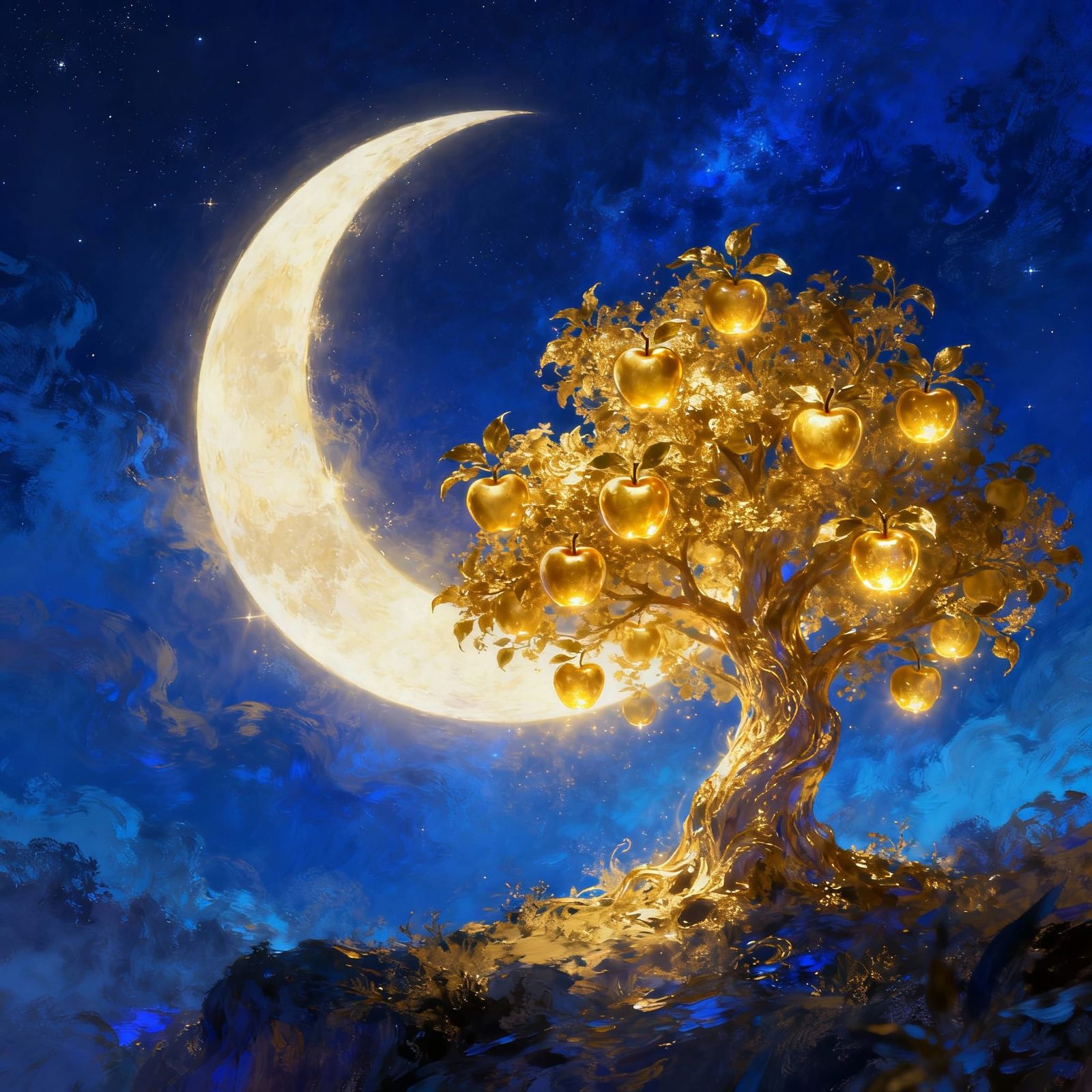 Golden Tree and Moon in Ethereal Night Sky