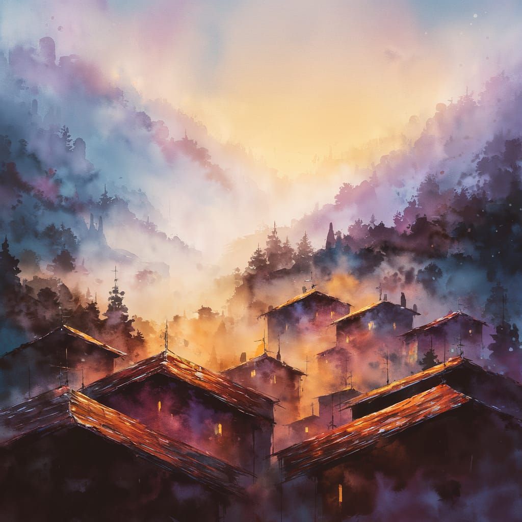 Serene Mountain Village Panorama at Dusk