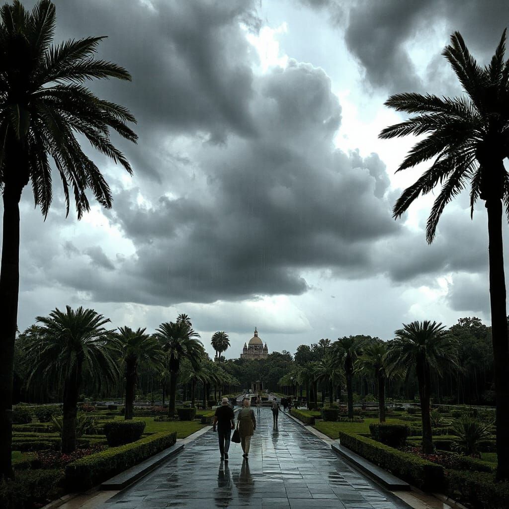 Stormy Garden with Palm Trees and Falling Rain