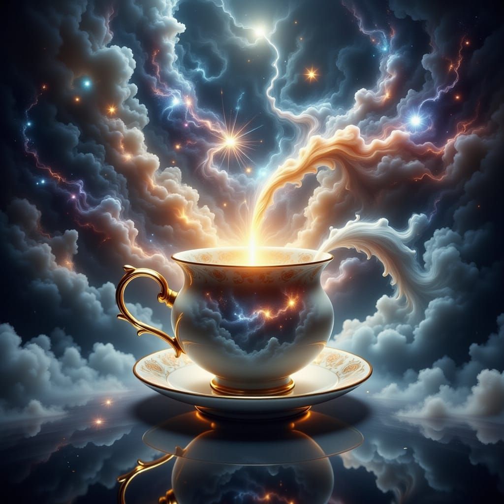 Floating Teapot Pours Cosmic Tea in Nebula Airbrush Art