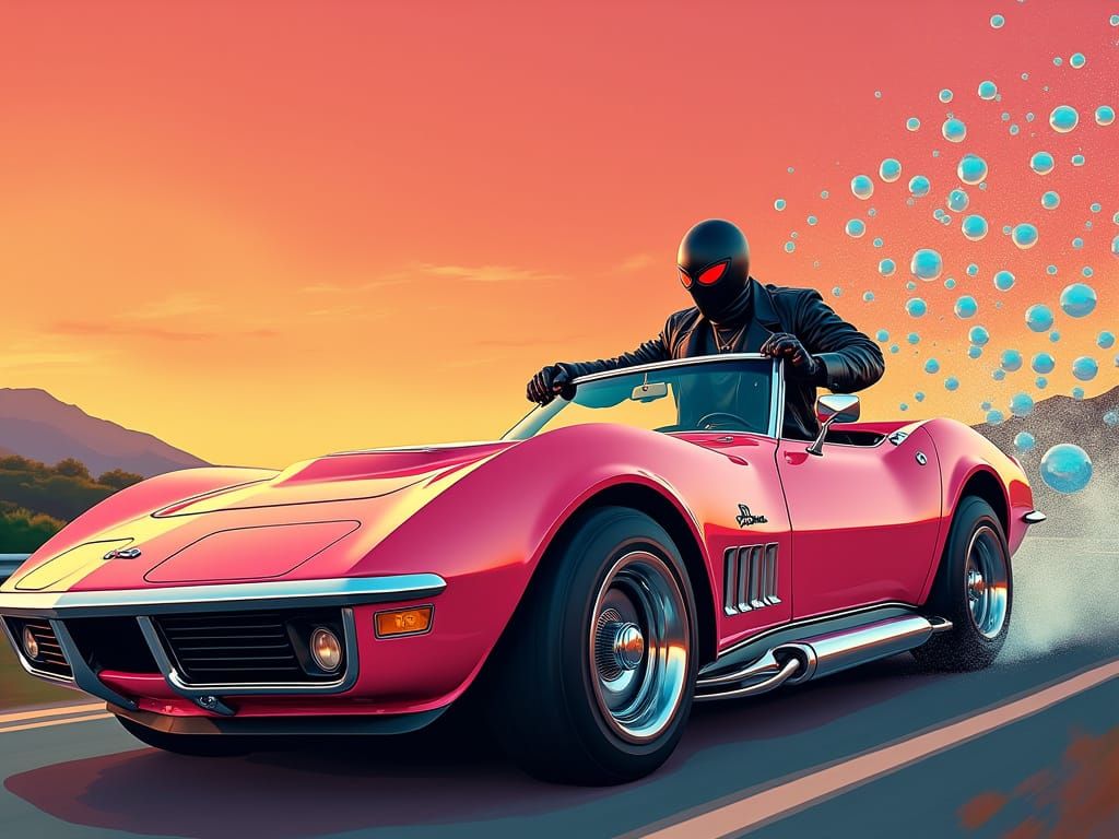 Anonymous Ray with his mask on driving a 1969 convertable co...