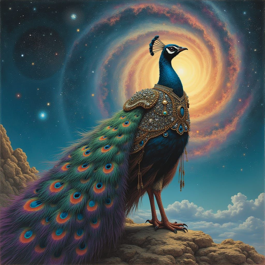 Peacock in Jewel Waistcoat Before Cosmic Vortex