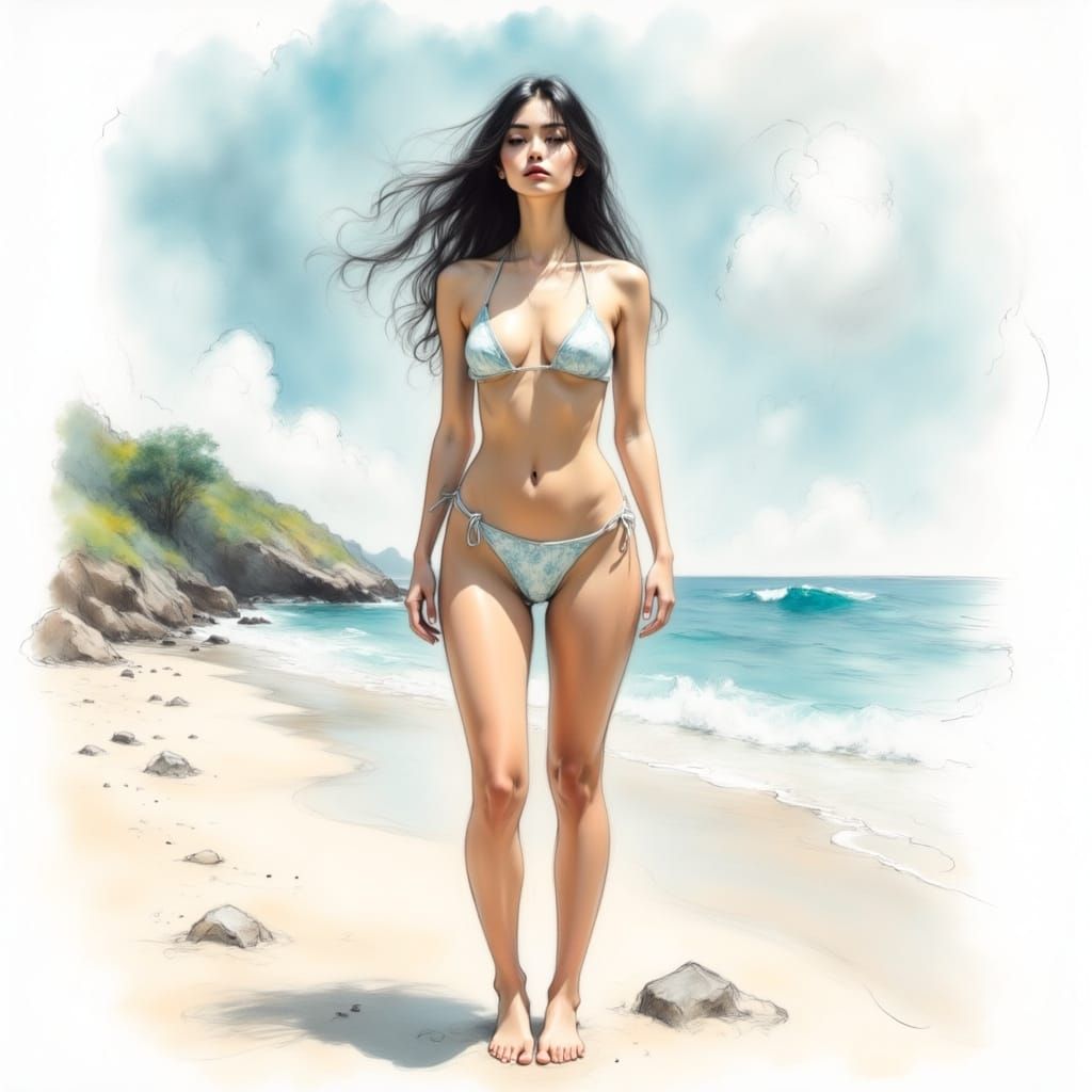 Soothing Beach Portrait in Soft Sketch Colors