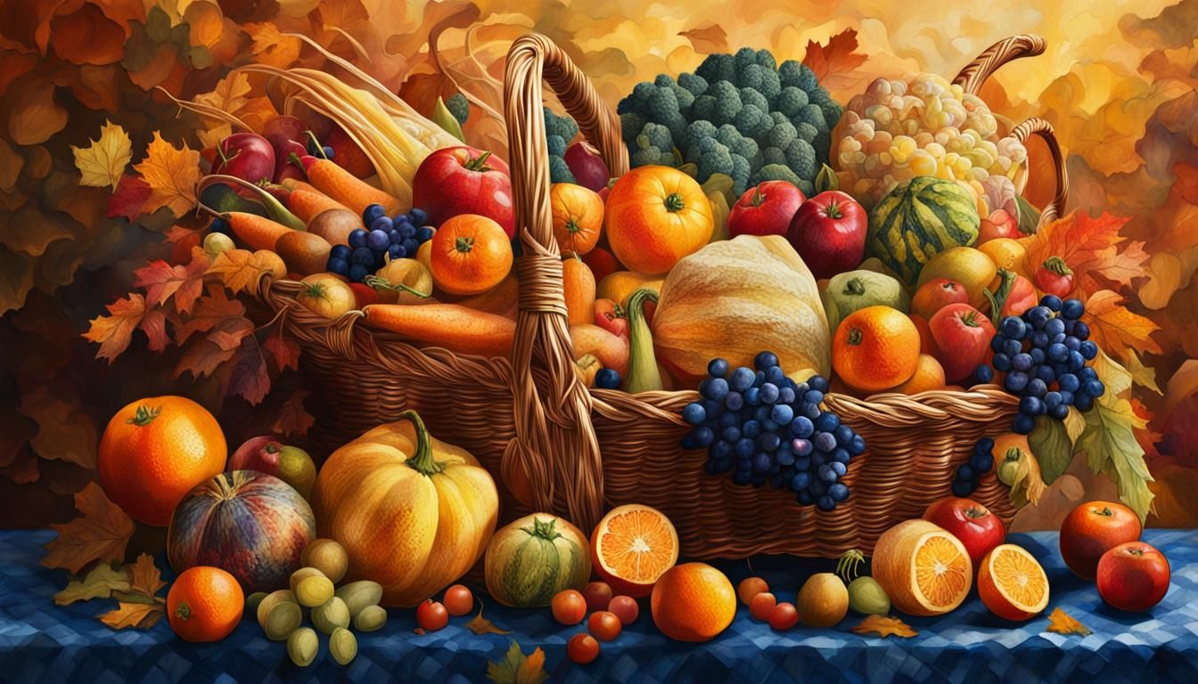 Vibrant Autumn Harvest Still Life in Mixed Media