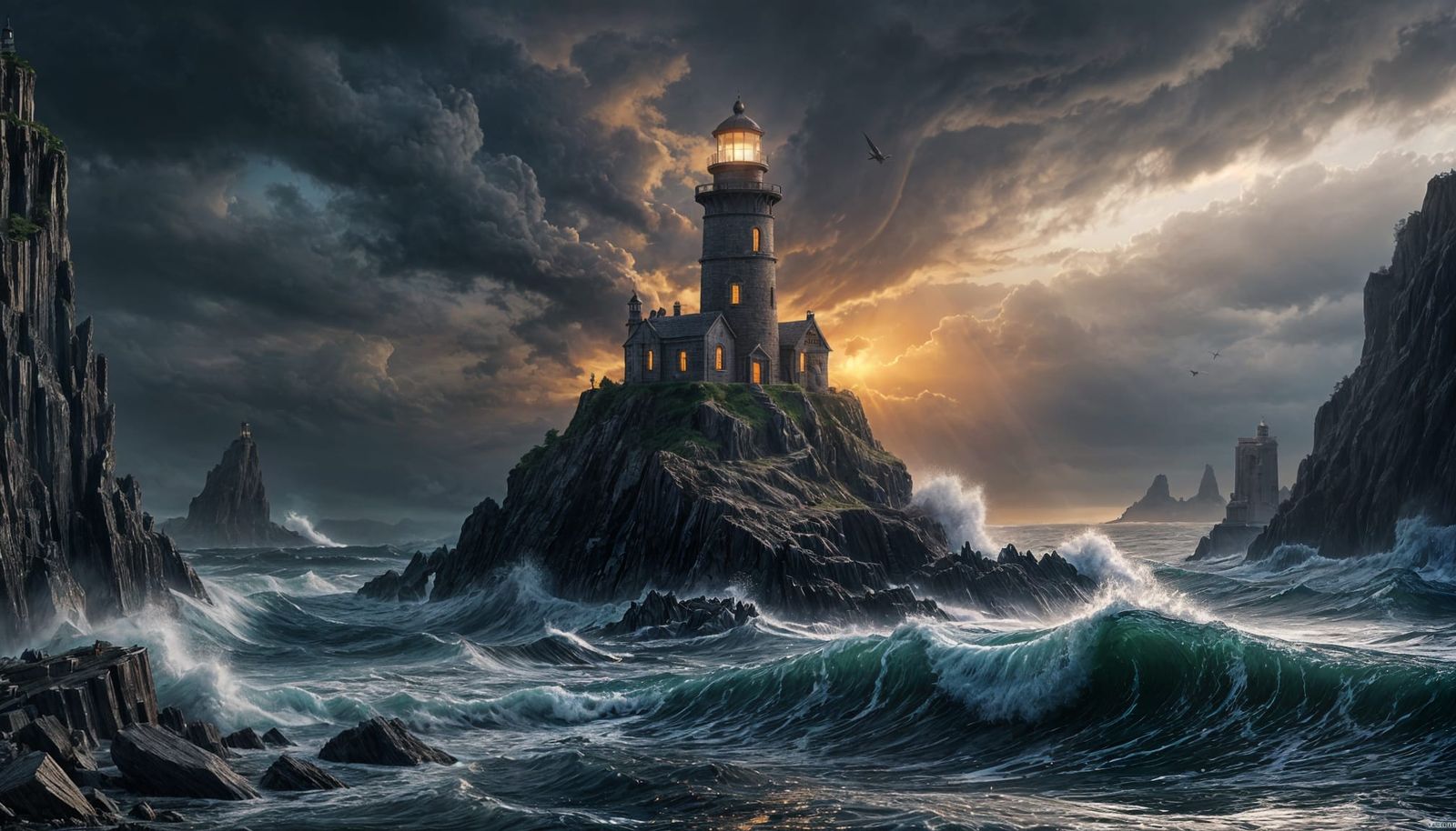 Obsidian Lighthouse on Rocky Coast in Fantasy Scene