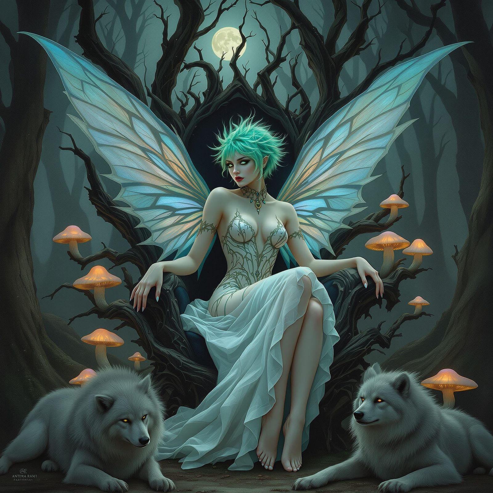 Gothic Fairy Queen on Mushroom Throne, Art Nouveau Style