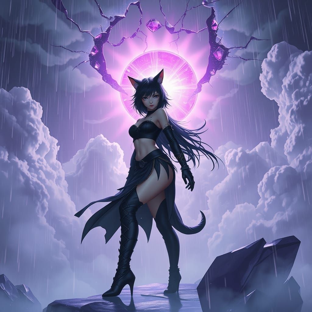 Mystical Cat-Eared Warrior in Epic Action Scene