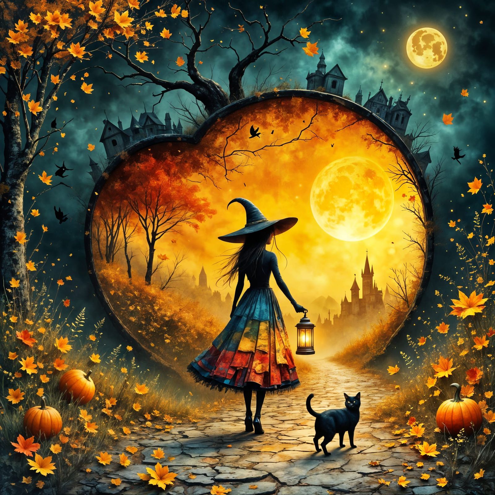 Magical Autumn Harvest Scene with Witch and Cat
