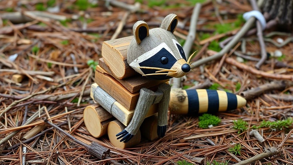 Raccoon Sculpture Assembled from Forest Materials
