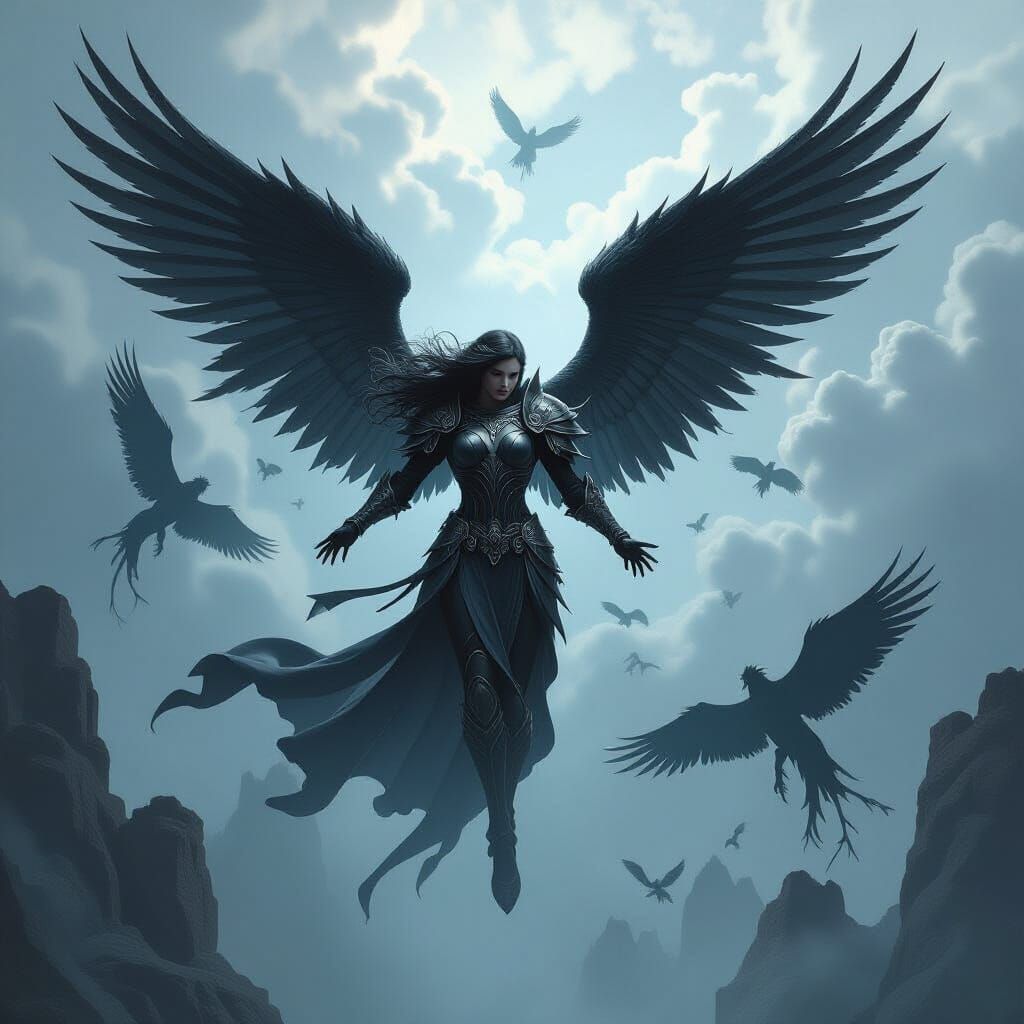 Angel Battles Shadowy Foes in Fractured Sky