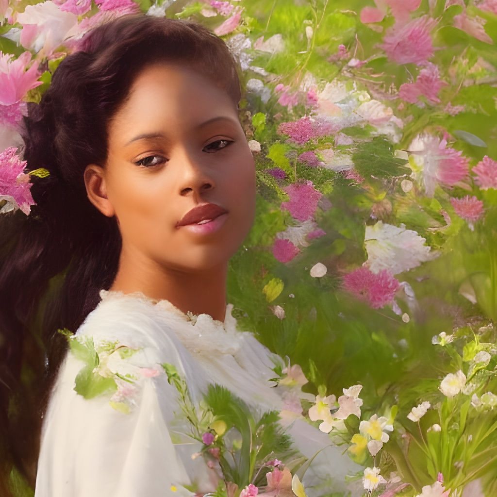 African American Woman in Flower Field, Waterhouse Style
