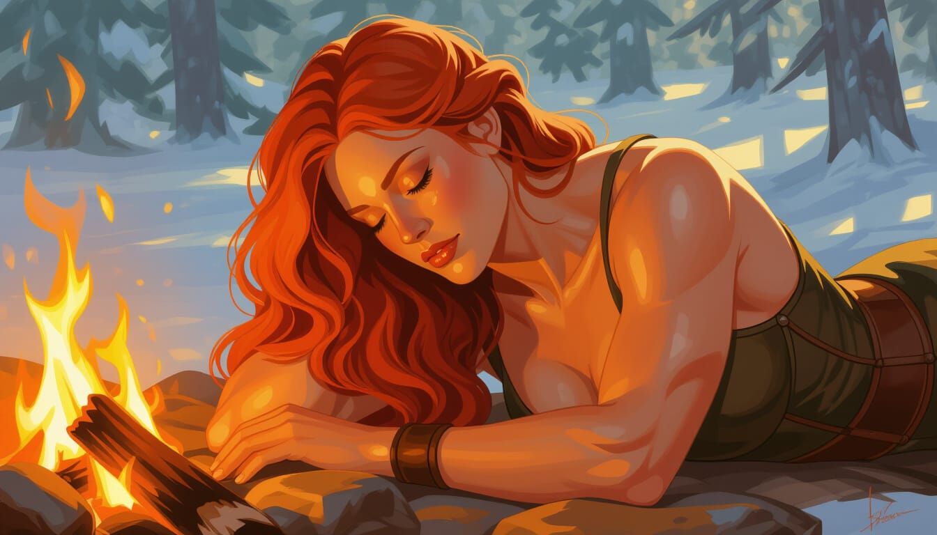 Red Haired Woman Rests by Firelight, Realistic Fantasy Art