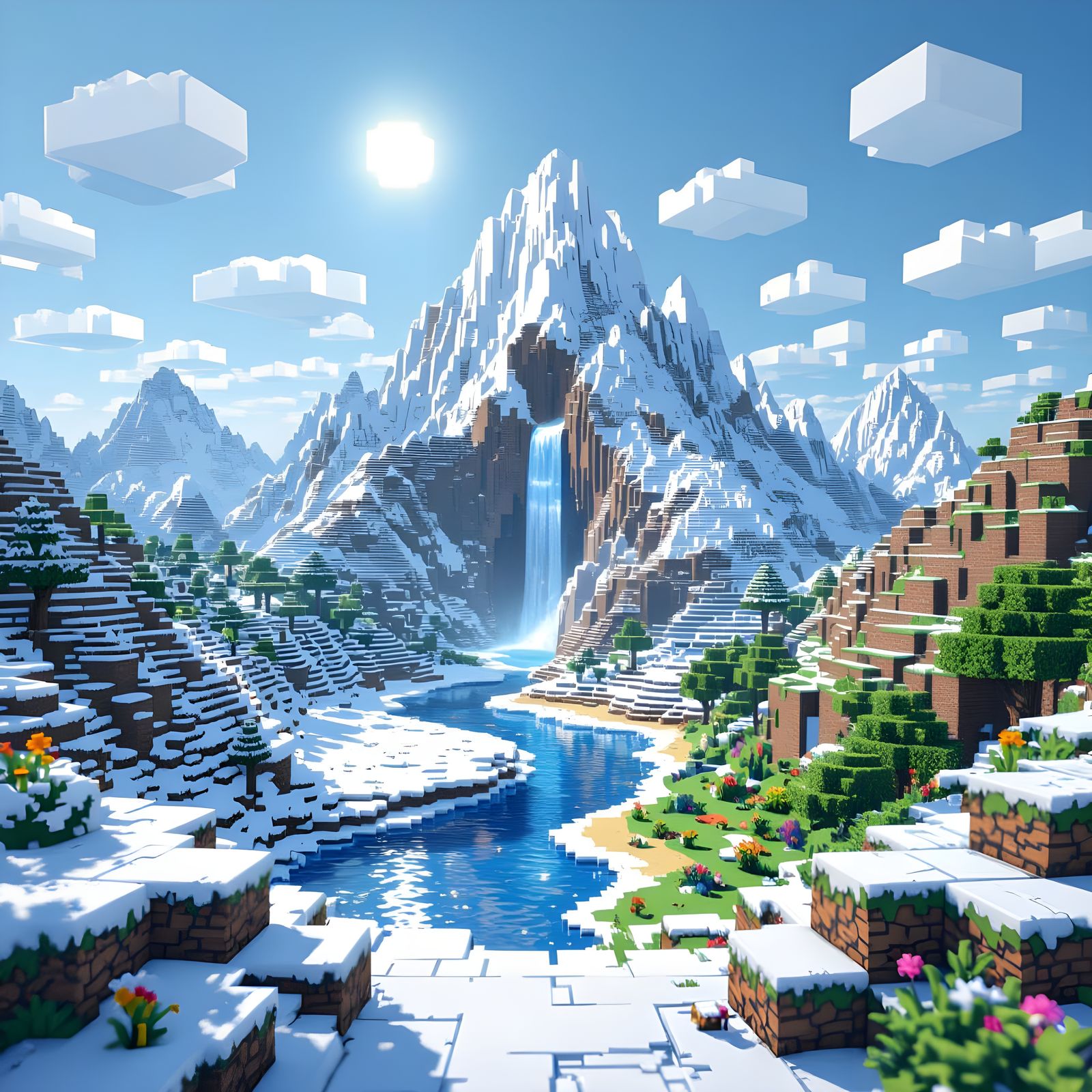 Minecraft Pixel Landscape: Snowy Mountain & Tropical Jungle