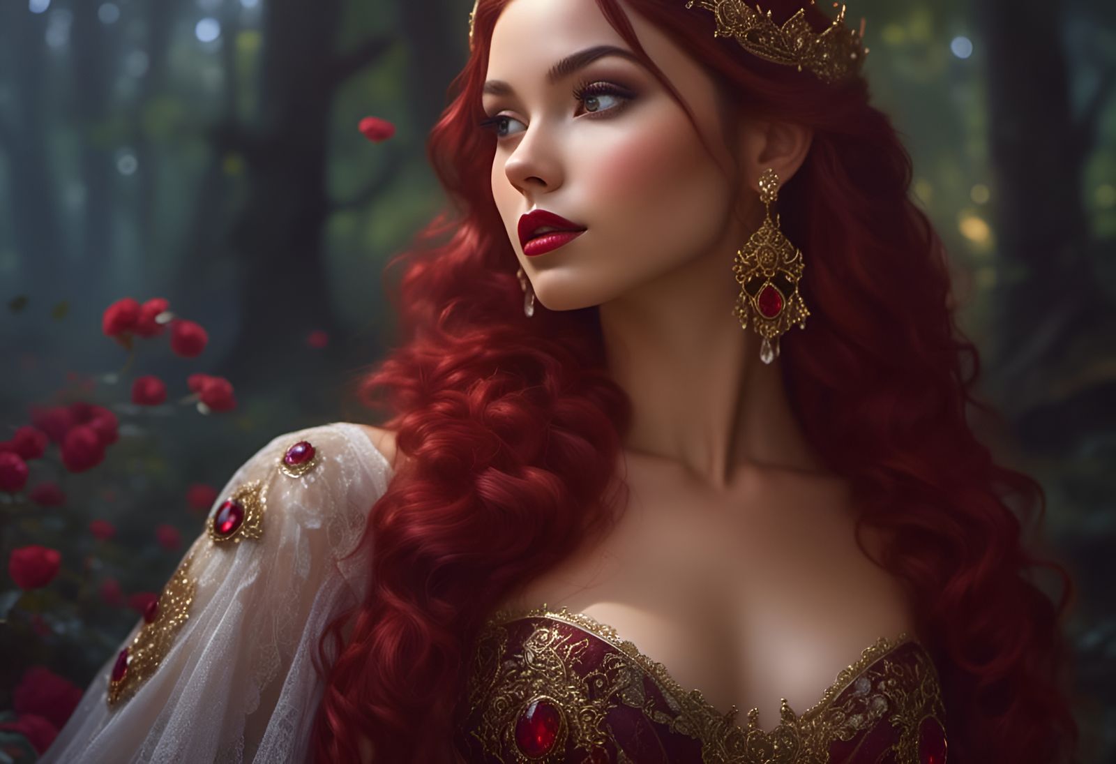 Goddess in Ruby Gown, Thomas Kinkade Style